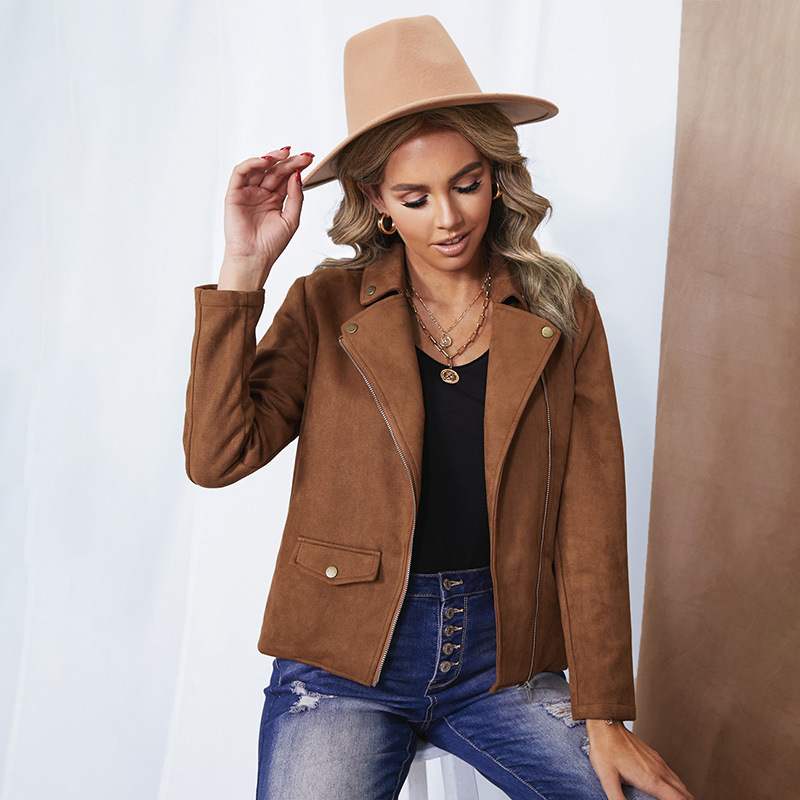 Women's Autumn Jacket in Faux Suede Leather with Long Sleeves and Solid Color