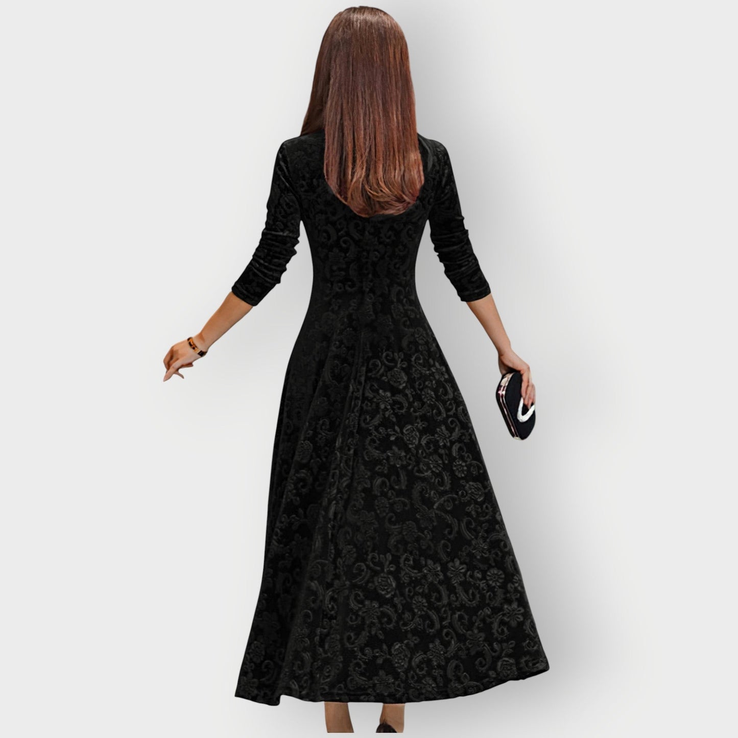 Women's Midi Jacquard Velvet Dress with V-Neck and Flared Skirt