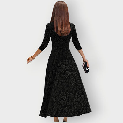 Women's Midi Jacquard Velvet Dress with V-Neck and Flared Skirt