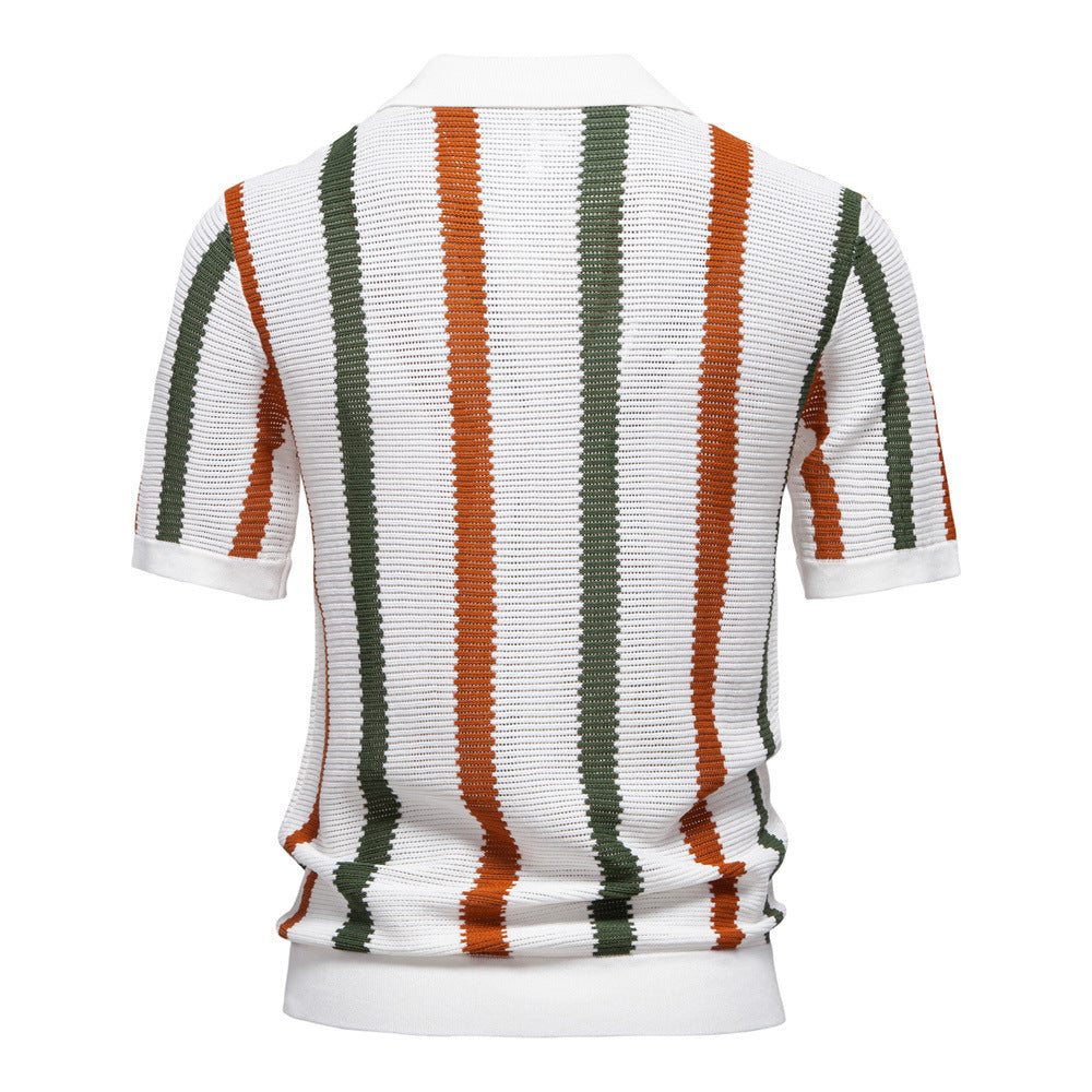 Polo Uomo Estiva a Maniche Corte con Motivo Traforato a Righe – Stile Elegante Casual