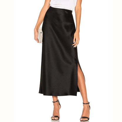 Women's Mid-Length High Waist Skirt with Slanted Slit and Elastic Waistband