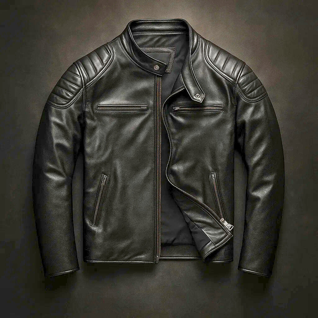 Men's Faux Leather Jacket with Reinforced Shoulders and Motorcycle Zip Details