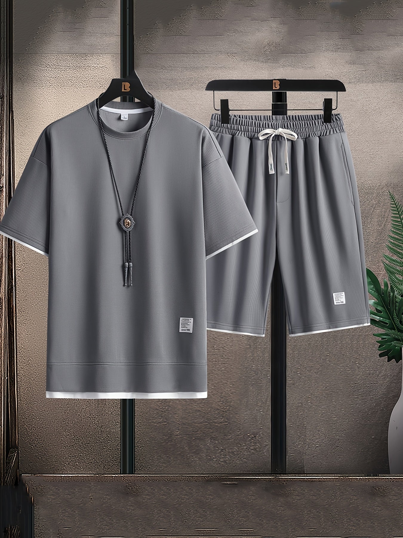 Completo Uomo Due Pezzi con T-Shirt e Pantaloncini in Tessuto a Nido d'Ape
