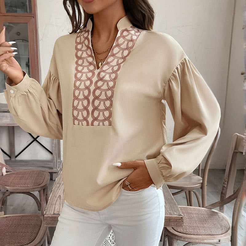 Women's Long Sleeve Shirt with High Collar, Balloon Sleeves, and Ring Pattern