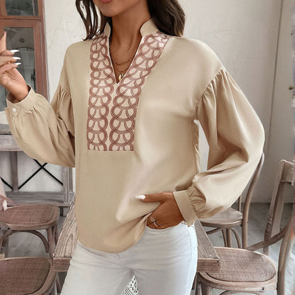 Women's Long Sleeve Shirt with High Collar, Balloon Sleeves, and Ring Pattern