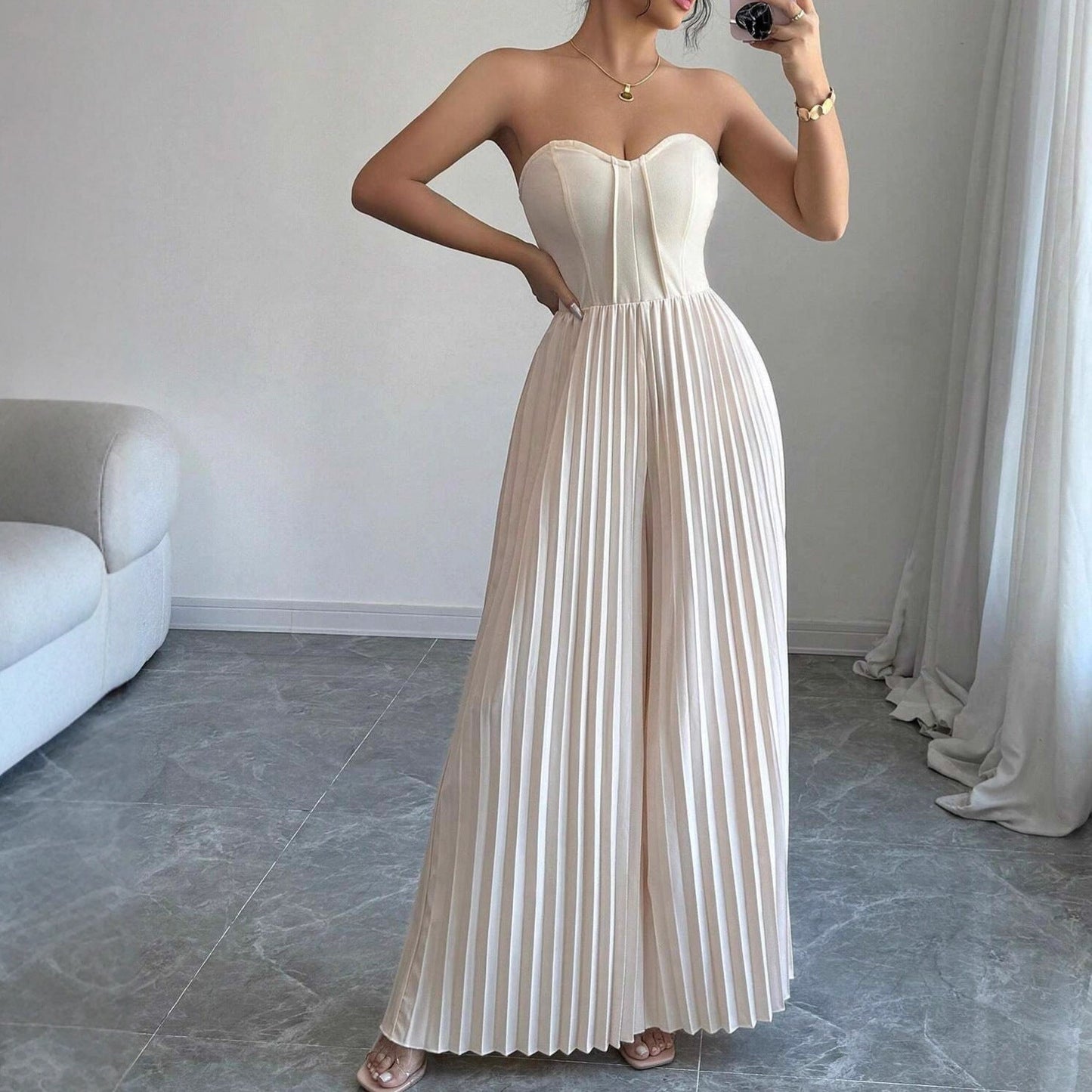 Women's Strapless Jumpsuit with a Cinched Waist and Wide-Leg Pants