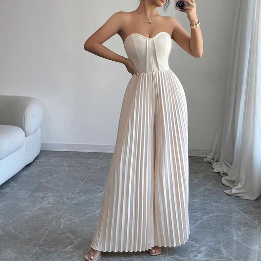 Women's Strapless Jumpsuit with a Cinched Waist and Wide-Leg Pants