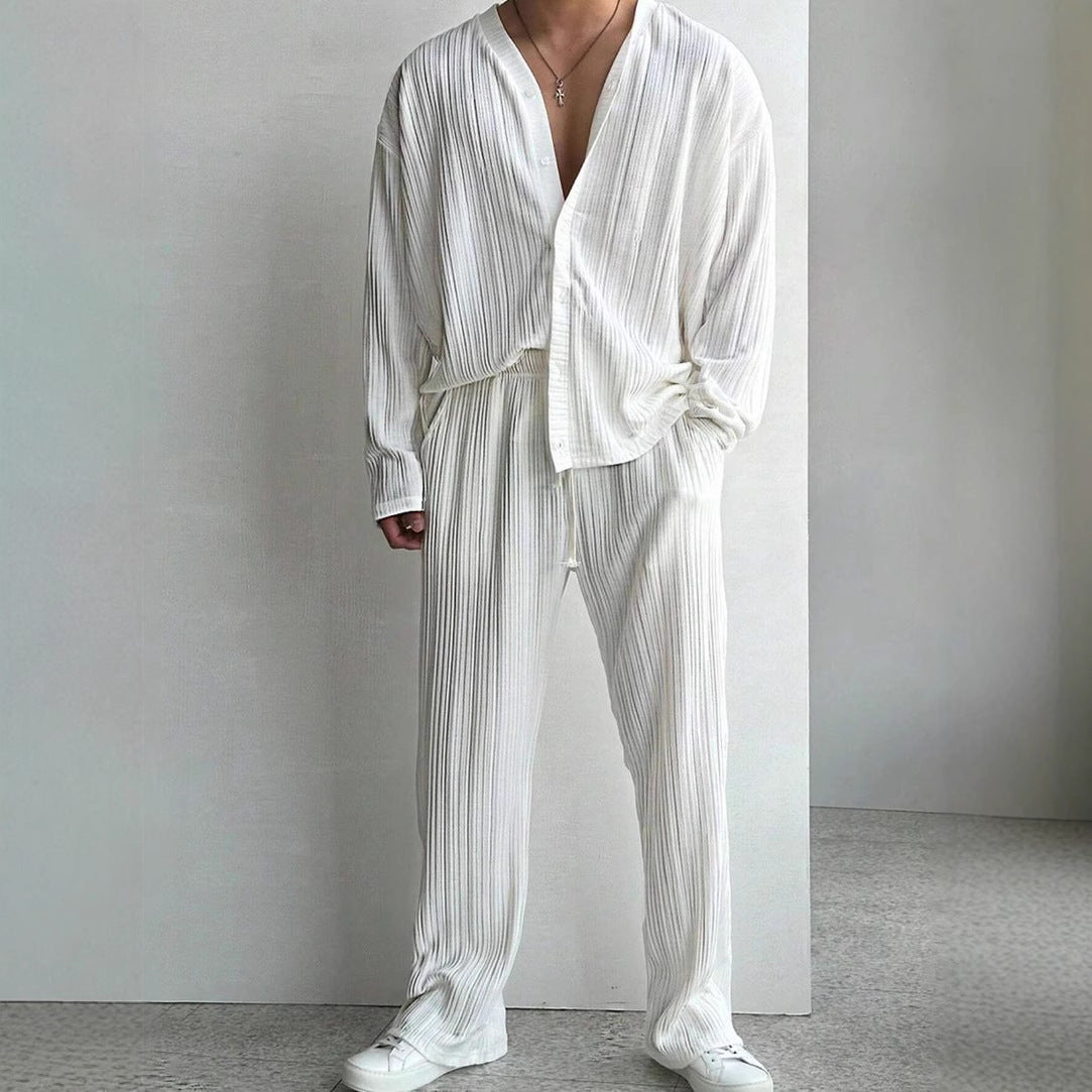 Men's Two-Piece Suit with Long-Sleeve Shirt and Pants – Solid Color Casual Set