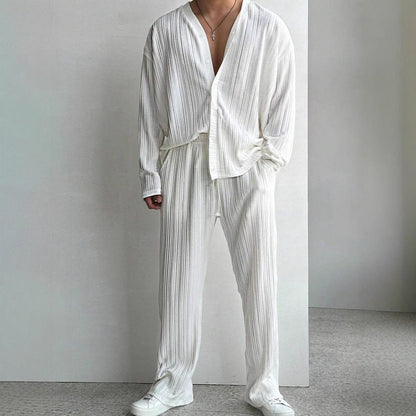 Men's Two-Piece Suit with Long-Sleeve Shirt and Pants – Solid Color Casual Set