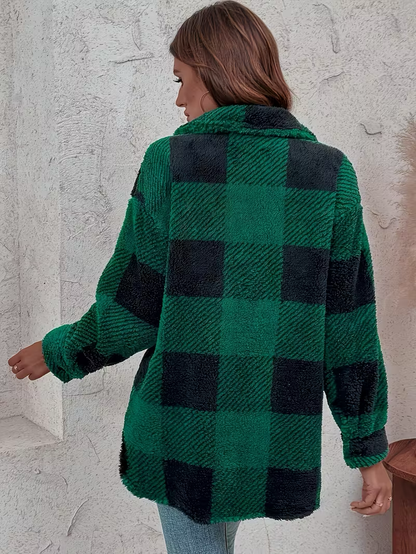 Giacca Donna in Pile a Quadri con Bottoni – Stile Autunnale