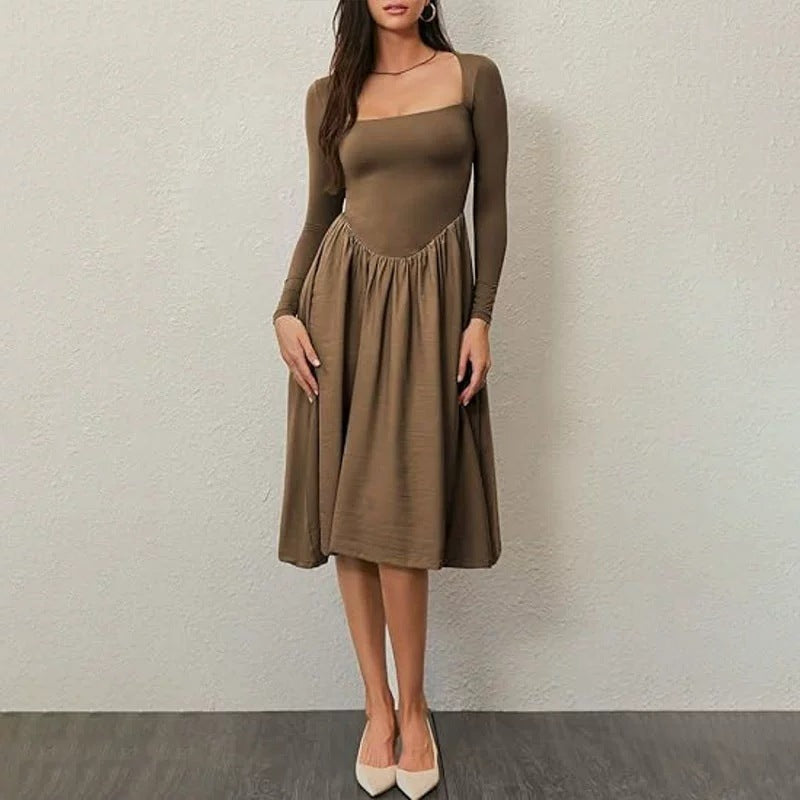 Abito Midi Donna a Linea A con Girocollo e Maniche Lunghe – Tinta Unita