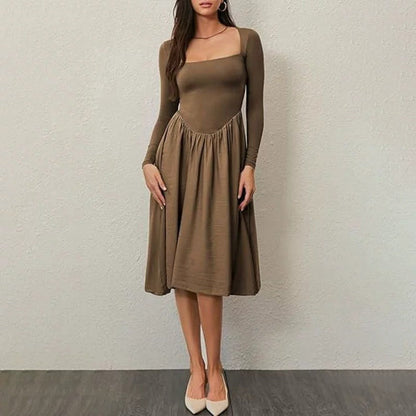 Abito Midi Donna a Linea A con Girocollo e Maniche Lunghe – Tinta Unita