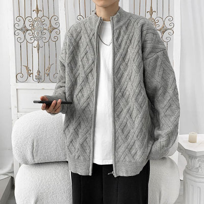 Men's Winter Cardigan with Cable Knit, High Collar, and Long Sleeves