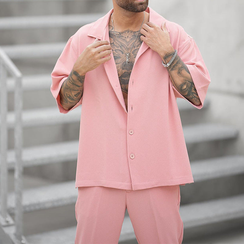 Men's Summer Two-Piece Set with Short-Sleeve Shirt and Pants – Solid Color Casual Set