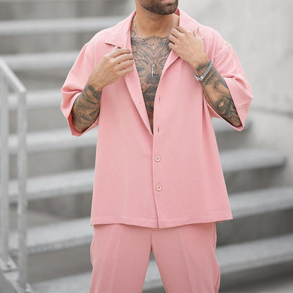 Men's Summer Two-Piece Set with Short-Sleeve Shirt and Pants – Solid Color Casual Set