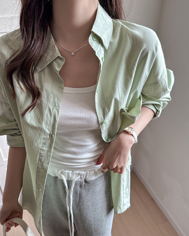 Women's Long Sleeve Solid Color Shirt with Loose Fit and Plus Sizes