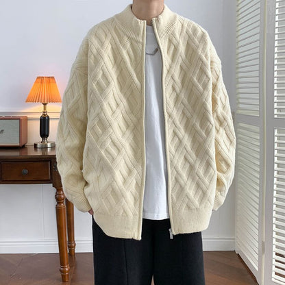 Men's Winter Cardigan with Cable Knit, High Collar, and Long Sleeves
