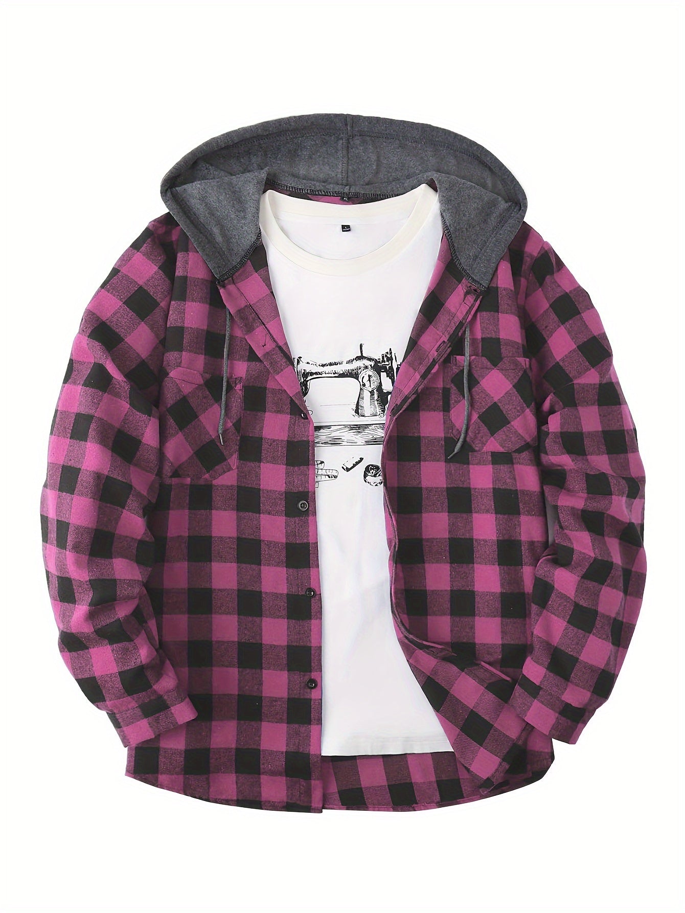Men's Autumn Flannel Shirt-Jacket with Hood and Checkered Pattern