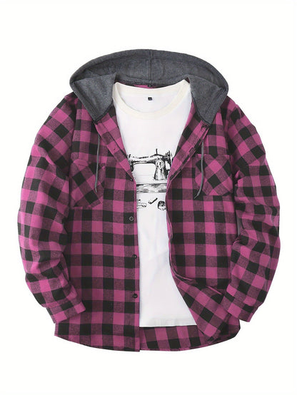 Men's Autumn Flannel Shirt-Jacket with Hood and Checkered Pattern