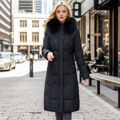 Women's Long Winter Coat with Fur Collar and Padding