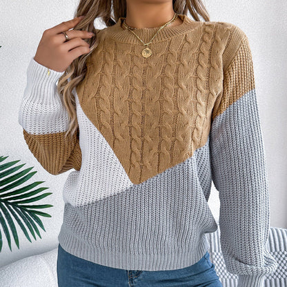 Dame langærmet sweater med twiststrik og kontrastdetaljer