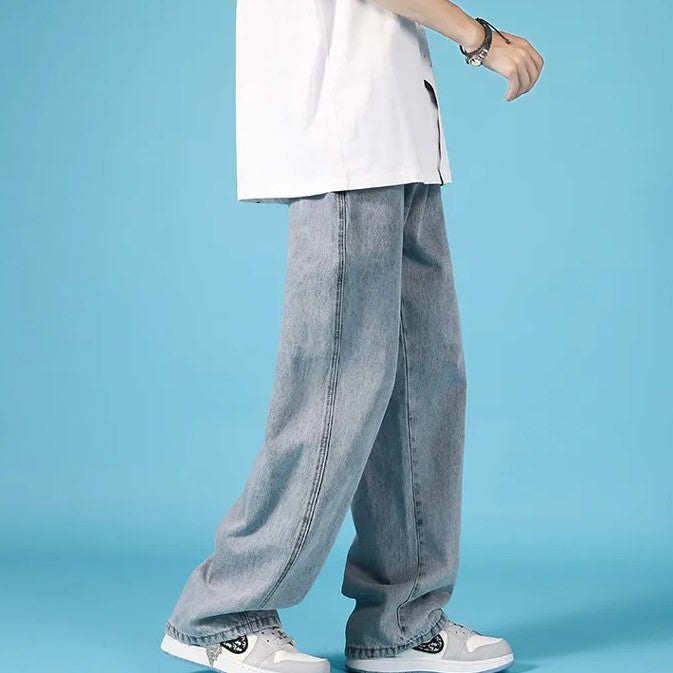 Herrejeans i denim med lige ben, loose fit, hiphop-stil cargo med lynlås