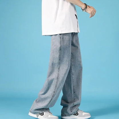 Herrejeans i denim med lige ben, loose fit, hiphop-stil cargo med lynlås