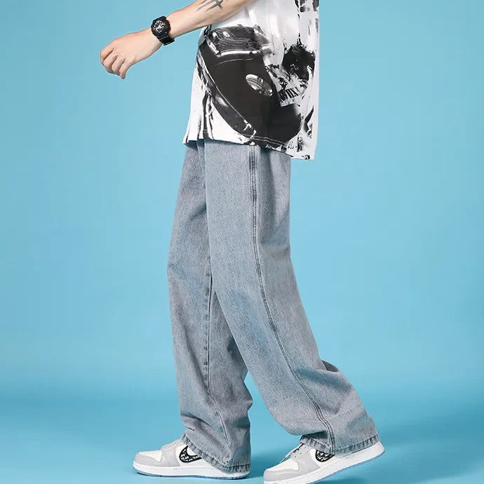 Herrejeans i denim med lige ben, loose fit, hiphop-stil cargo med lynlås