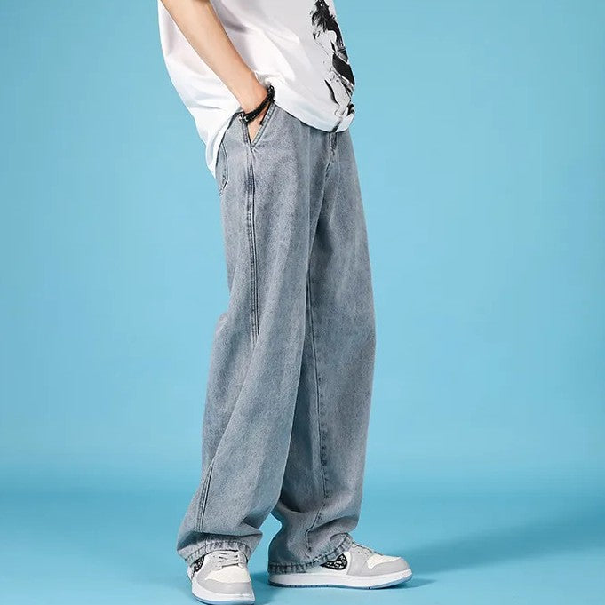 Herrejeans i denim med lige ben, loose fit, hiphop-stil cargo med lynlås