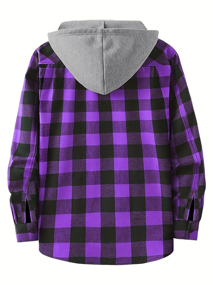 Men's Autumn Flannel Shirt-Jacket with Hood and Checkered Pattern