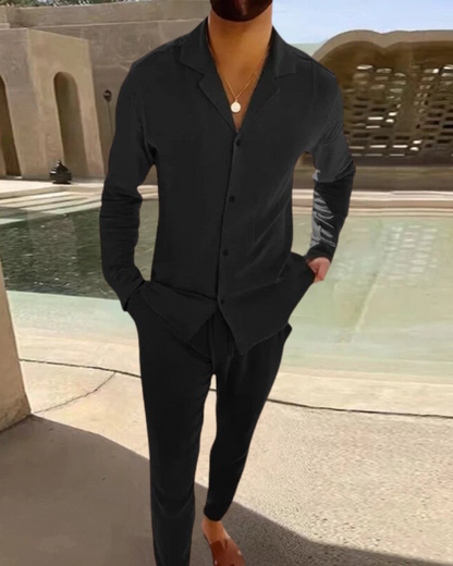 Conjunto de Hombre de Lino Primaveral Camisa y Pantalones Ligero y Transpirable