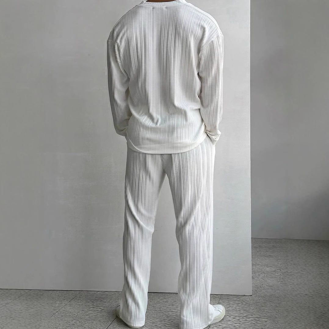 Men's Two-Piece Suit with Long-Sleeve Shirt and Pants – Solid Color Casual Set