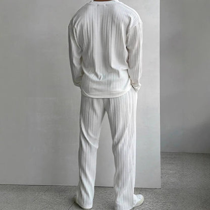 Men's Two-Piece Suit with Long-Sleeve Shirt and Pants – Solid Color Casual Set