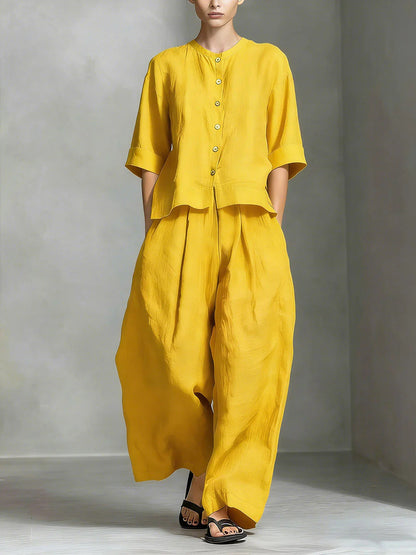 Two-Piece Women's Set in Cotton and Linen Shirt Style and Wide-Fit Long Pants