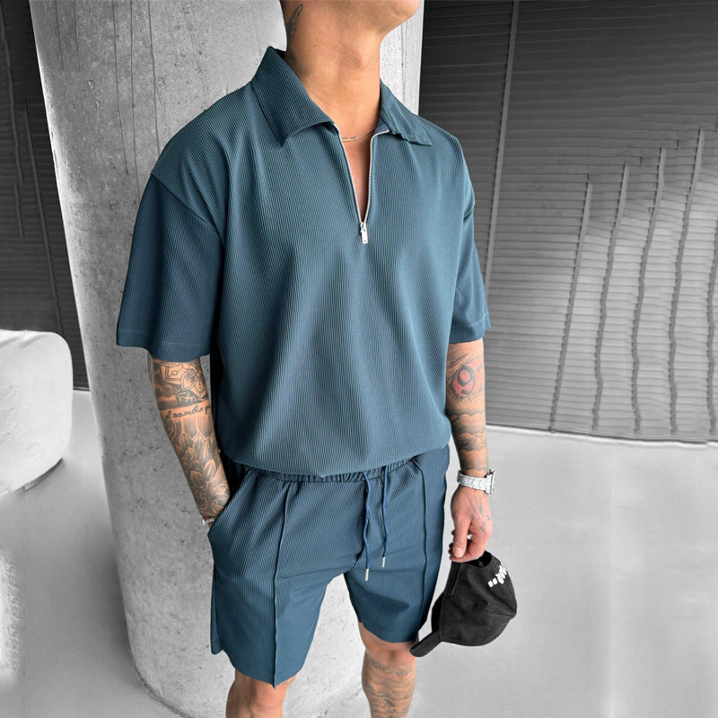 Men's Two-Piece Set with Zip Polo and Shorts – Casual Sporty Style
