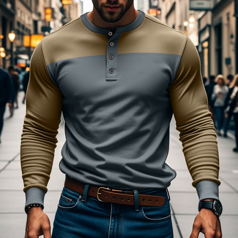 Men's Long Sleeve Henley Shirt with Color Block Design