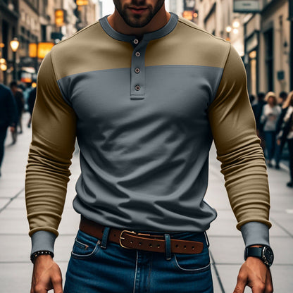 Men's Long Sleeve Henley Shirt with Color Block Design