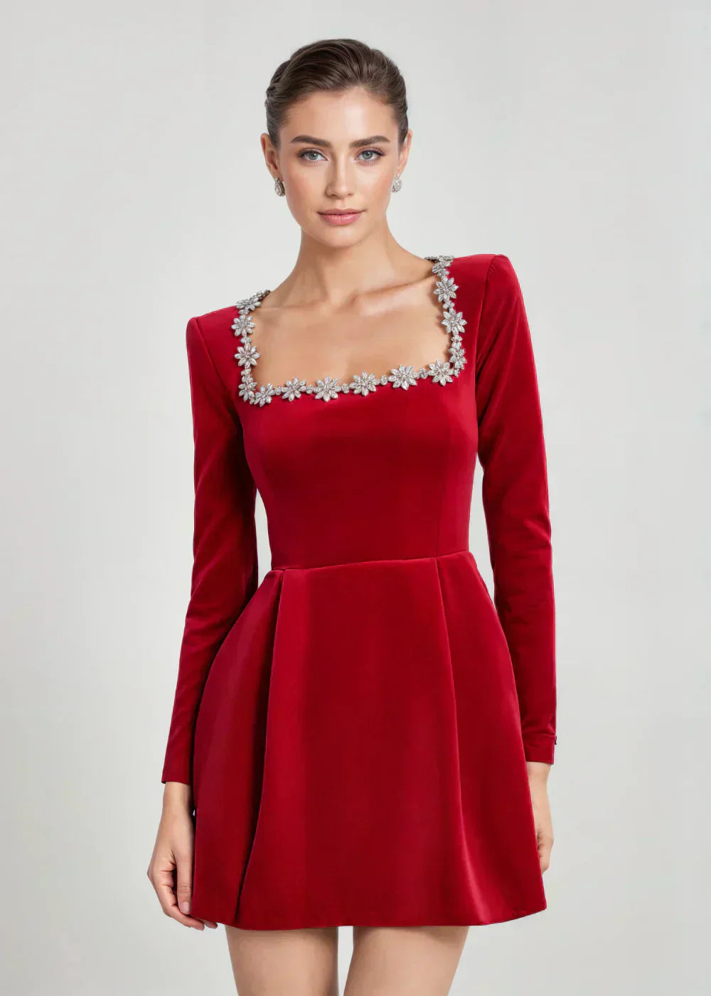Abito Mini Donna in Velluto con Scollo Quadrato, Maniche Lunghe e Gonna Svasata