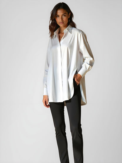 Women's Oversized Shirt Dress with Notched Collar, Front Buttons, Side Slit – Cotton Style