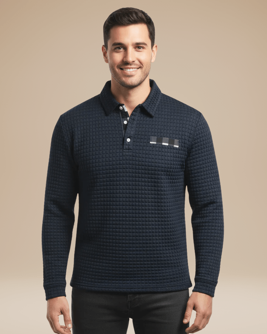 Polo de hombre de punto tipo panal con escote abotonado y mangas largas