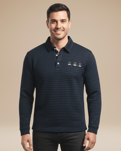 Polo de hombre de punto tipo panal con escote abotonado y mangas largas