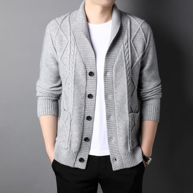 Men's Long Sleeve Cardigan with Notched Collar and Loose Fit
