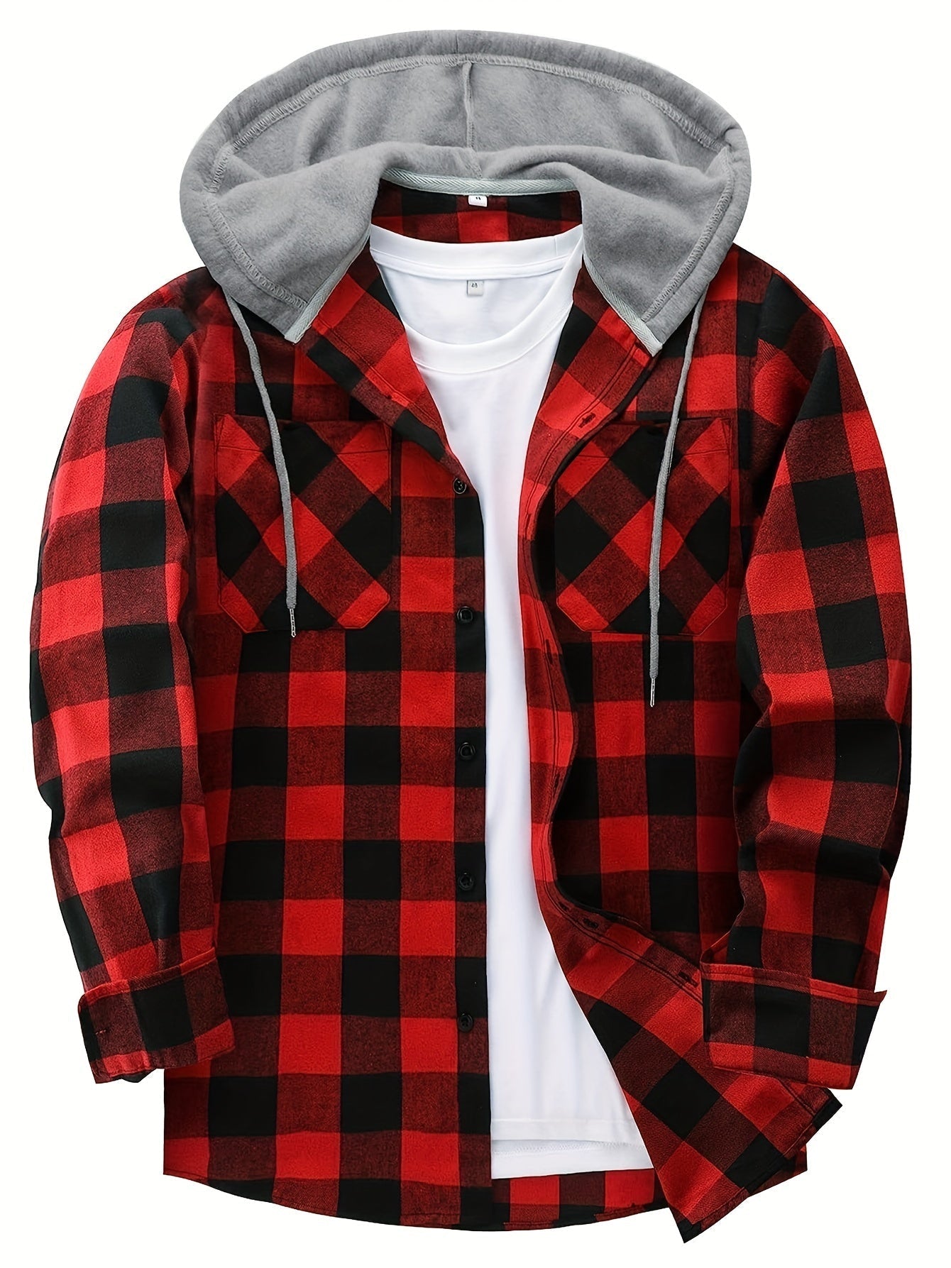 Men's Autumn Flannel Shirt-Jacket with Hood and Checkered Pattern