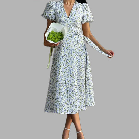 Women's Floral Midi Dress with V-Neck and High Waist – Elegant Summer Dress