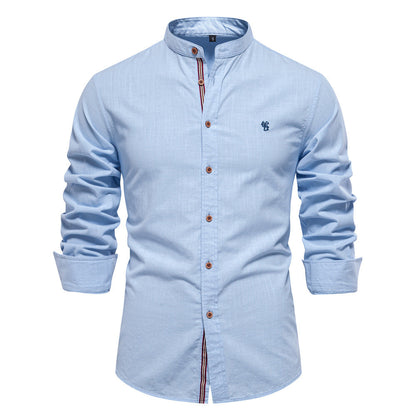 Camisa de verano para hombre de mezcla de algodón y lino, con cuello mao y mangas largas.