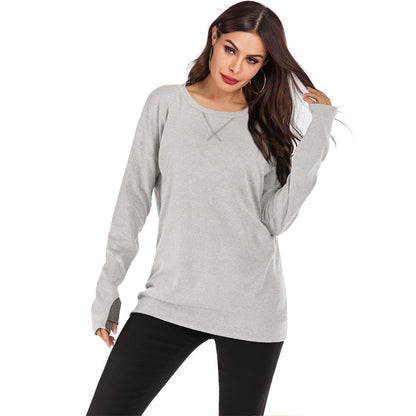 Jersey de mujer de manga larga con cuello redondo, ajuste holgado y color liso