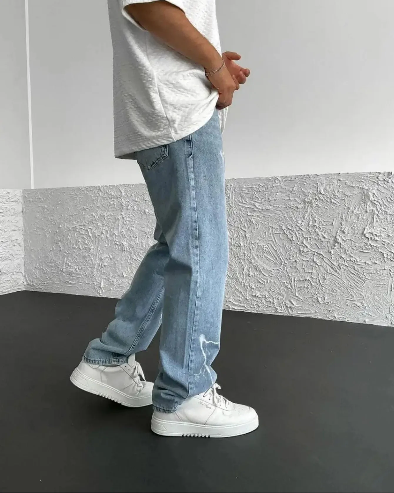 Pantaloni Uomo Primaverili in Jeans Stampato a Gamba Larga e Dritta