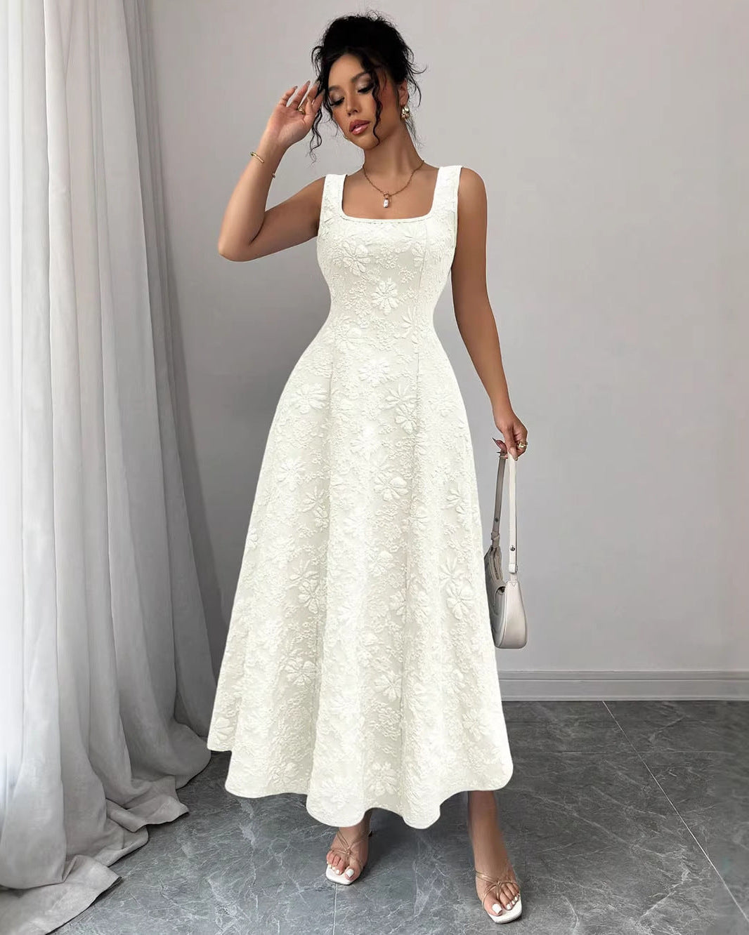 Abito Maxi Donna Senza Maniche con Vita Alta e Trama Jacquard – Abito Elegante A-Linea