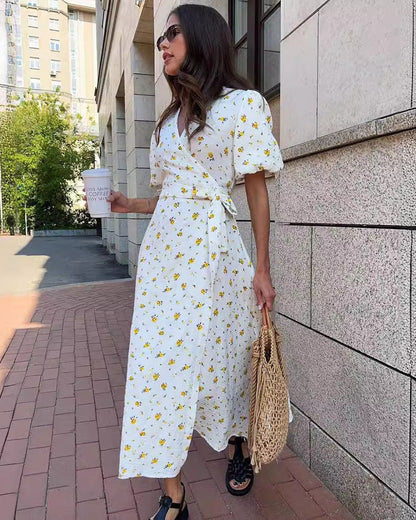 Vestido de Verano para Mujer Floral con Escote en V y Atadura Frontal – Vestido Elegante de Verano