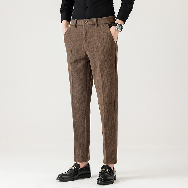 Pantaloni Uomo da Completo Dritti Vita Media Microelastici con Chiusura a Bottone – Stile Formale